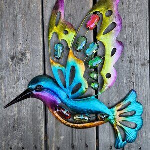 Iridescent Metal Hummingbird Glass Embellishment Wall Hanging Home Decor 17.5" H